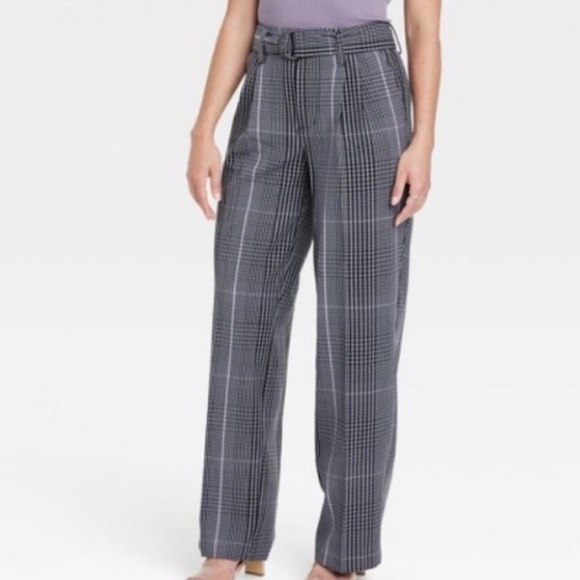 A New Day High-rise Relaxed Fit Belted Trousers in Gray Plaid Size 2 NWT - Picture 1 of 12
